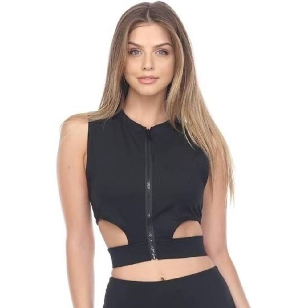 LA Society Black Zip Front‎ Cutout Crop Top Mock Neck Athletic Vest Medium